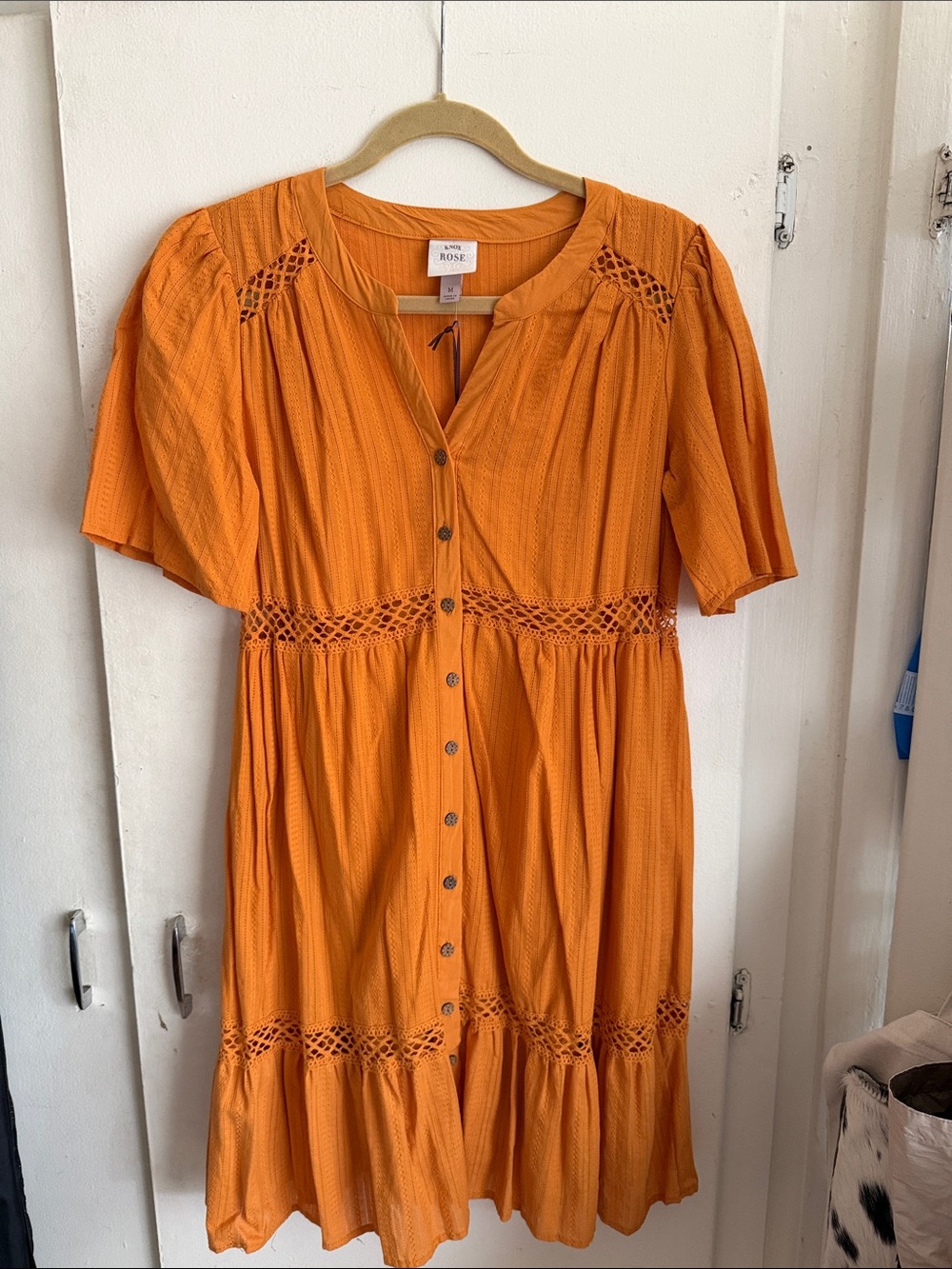 Orange Button-Front Crochet Dress